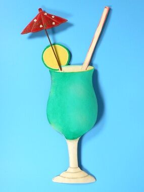 Unique Cocktail Drink 3D Metal 20" Wall Art Decor Bar Hurricane Glass Umbrella